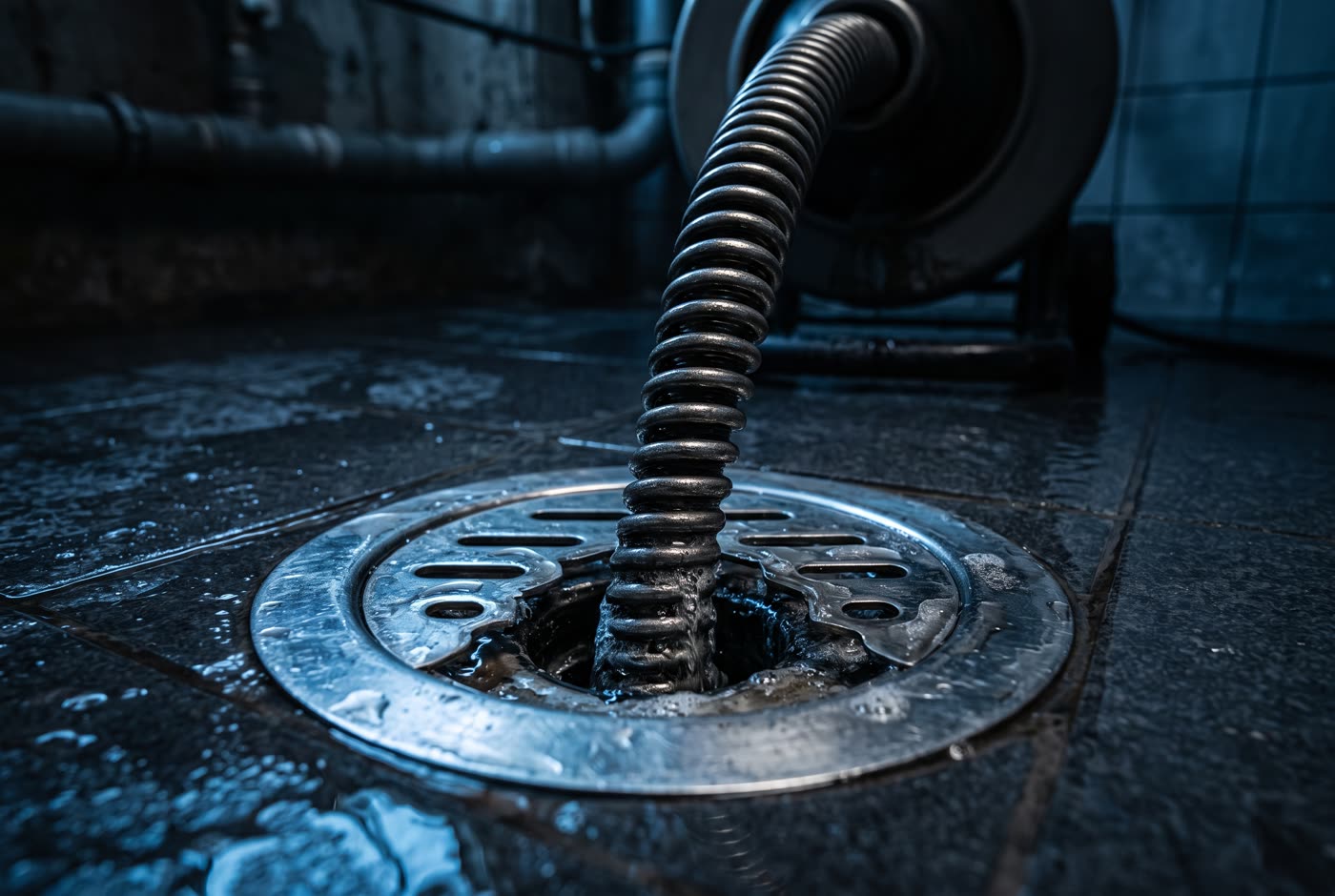 Drain auger cable feeding into a stainless floor drain