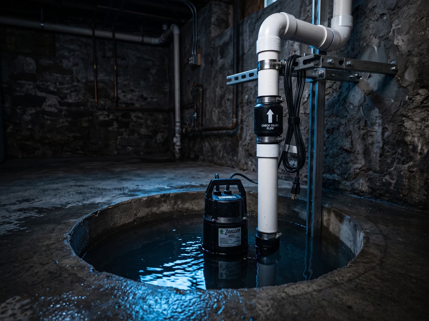 New sump pump installed in a basement pit with PVC discharge and check valve